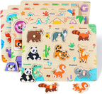 GRINNNIE - Rompecabezas de madera para niños pequeños de 3, 4 y 5 años, juguetes Montessori para niños pequeños, 5 rompecabezas con perilla, número, alfabeto, forma y animal, gran regalo de cumpleaños de Navidad para niños y niñas