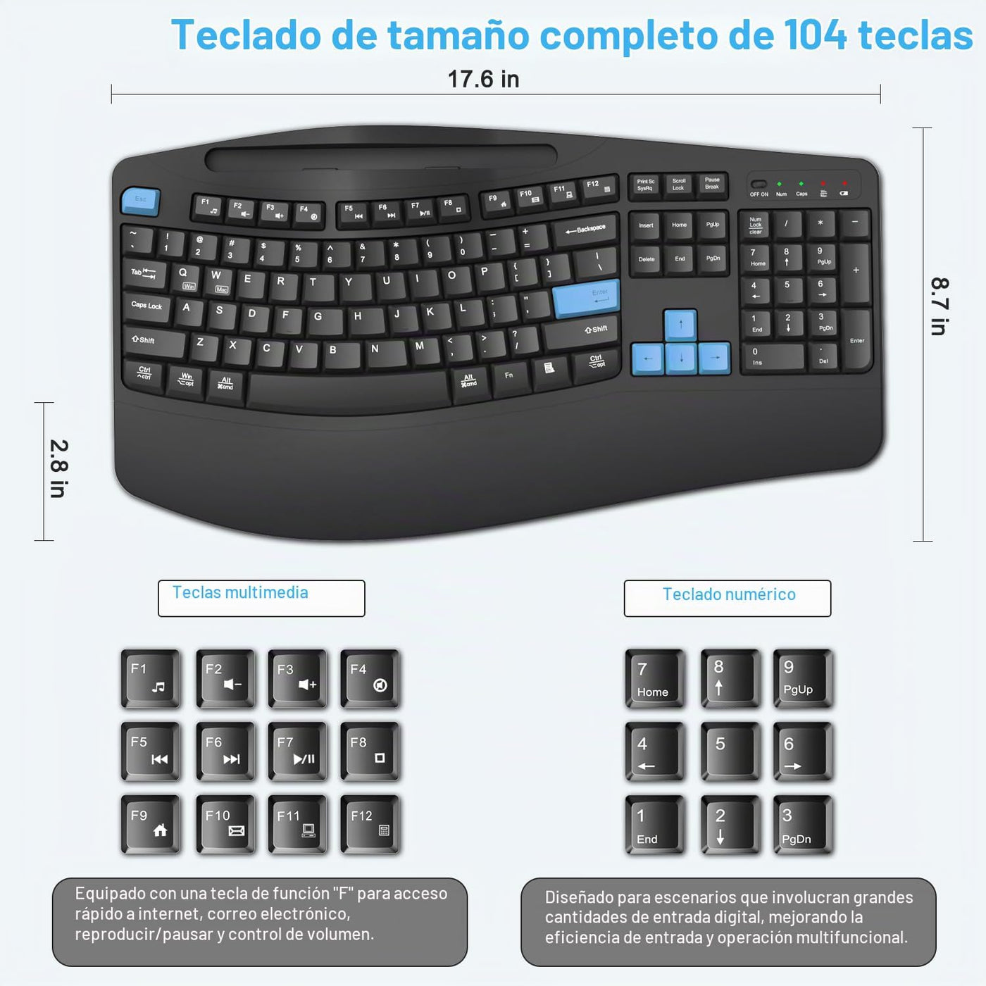 Combo de teclado y mouse inalámbricos, teclas de onda ergonómicas d...
