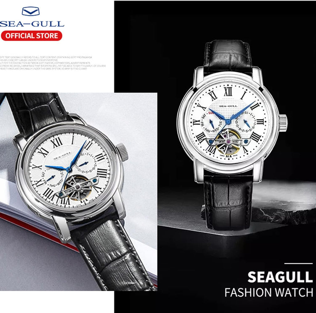SEA-GULL 2021 Reloj de Hombre Seagull Automático Mecánico Hueco Calendario Potencial Multifunción Volante Negocios, Blanco - D819.626, Correa