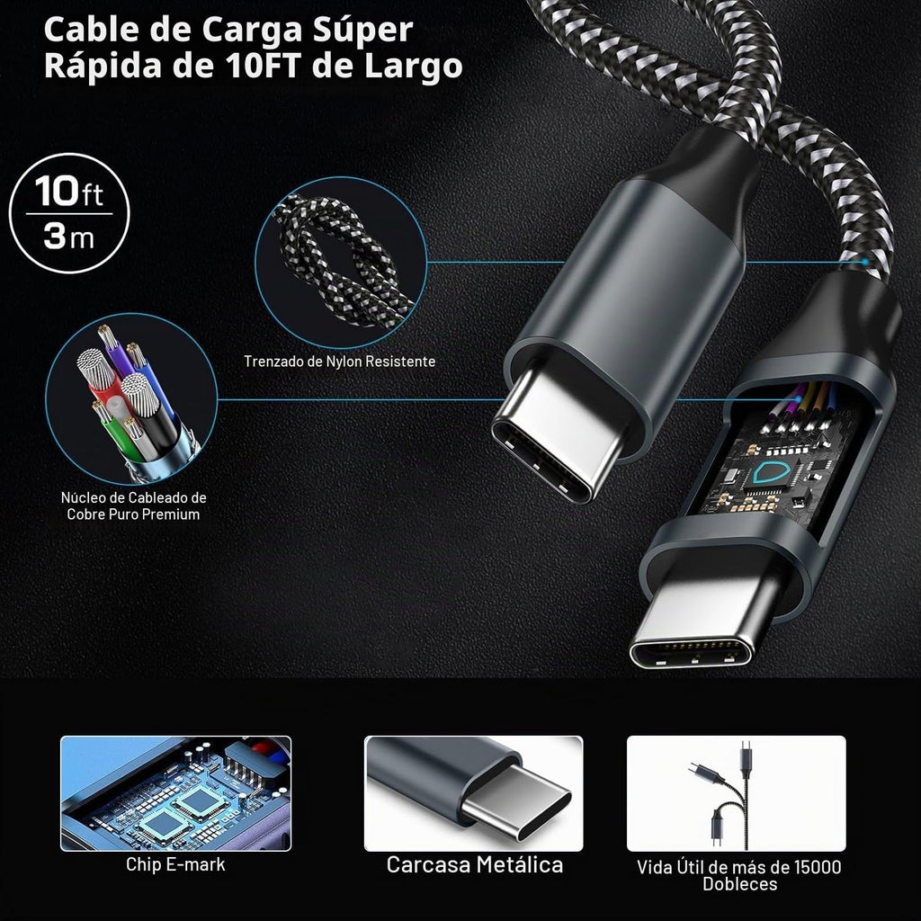 Paquete de 2 Cargador Súper Rápido Samsung de 45W Tipo C, Cable de Carga Tipo C de 10 Pies con Cargador Samsung USB C Cable USB C-C de 10 Pies para Samsung Galaxy S25/S24+/Ultra/S22/S21/S20, iPhone17