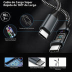 Paquete de 2 Cargador Súper Rápido Samsung de 45W Tipo C, Cable de Carga Tipo C de 10 Pies con Cargador Samsung USB C Cable USB C-C de 10 Pies para Samsung Galaxy S25/S24+/Ultra/S22/S21/S20, iPhone17