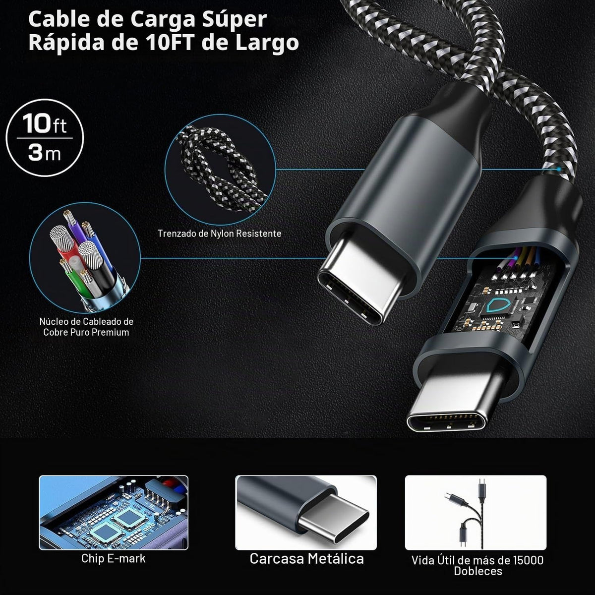 Paquete de 2 Cargador Súper Rápido Samsung de 45W Tipo C, Cable de Carga Tipo C de 10 Pies con Cargador Samsung USB C Cable USB C-C de 10 Pies para Samsung Galaxy S25/S24+/Ultra/S22/S21/S20, iPhone17