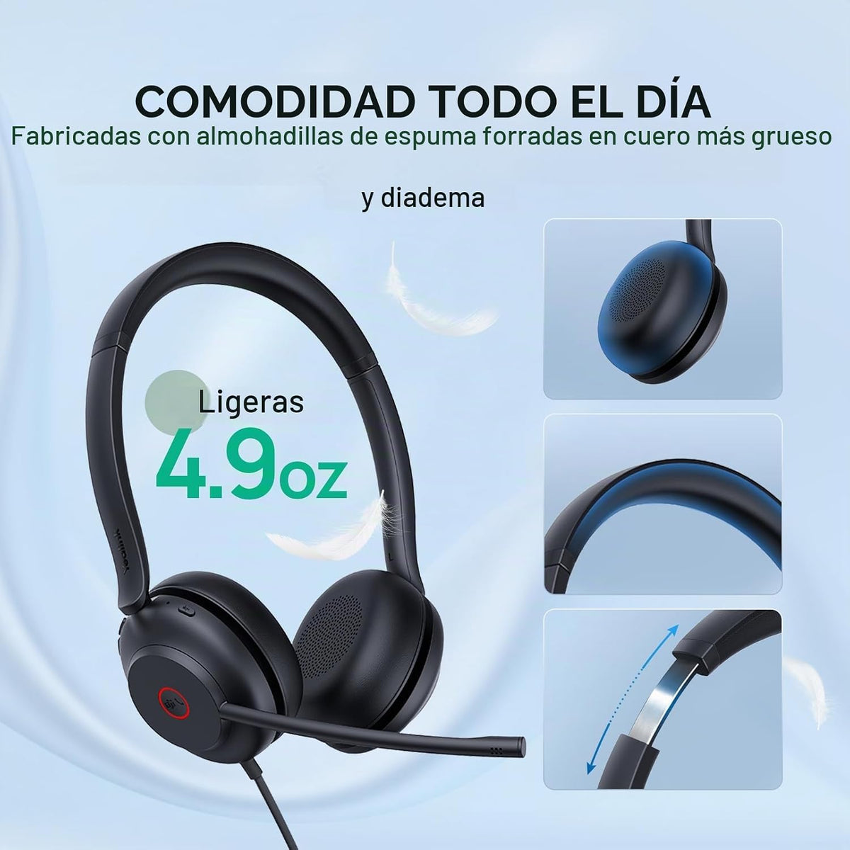 Yealink Auriculares USB UH35 para PC, Auriculares con Cable con Micrófono de Cancelación de Ruido, Certificado para Teams, Diseño de Comodidad Todo el Día, Auriculares Estéreo para Reuniones en Línea