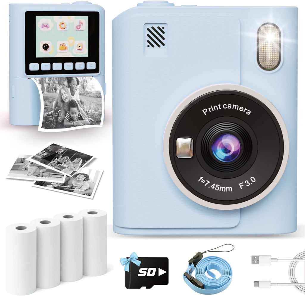 Cámara de impresión instantánea para niños, cámaras de impresión digital instantánea 1080P para niños pequeños, juguete portátil para niñas de 4, 5, 6, 7, 8, 9, 10 años, regalos de cumpleaños de Navidad para niñas y niños con tarjeta SD azul