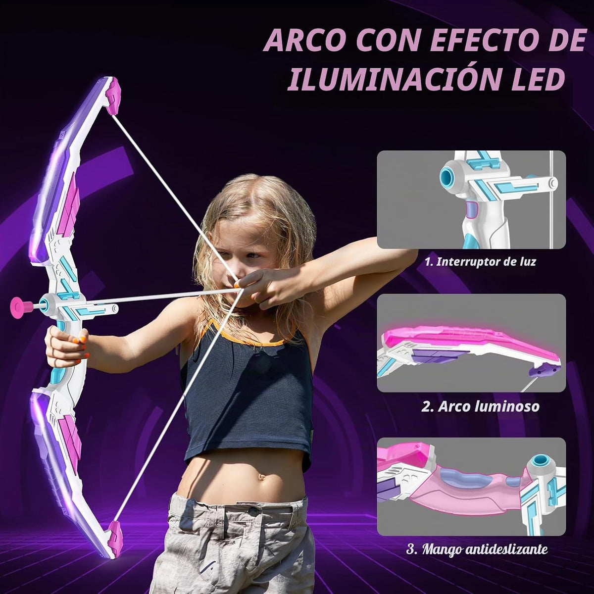 Pack de 2 Arco y Flecha para Niños, Arquería con Luz LED y Diana de Unicornio