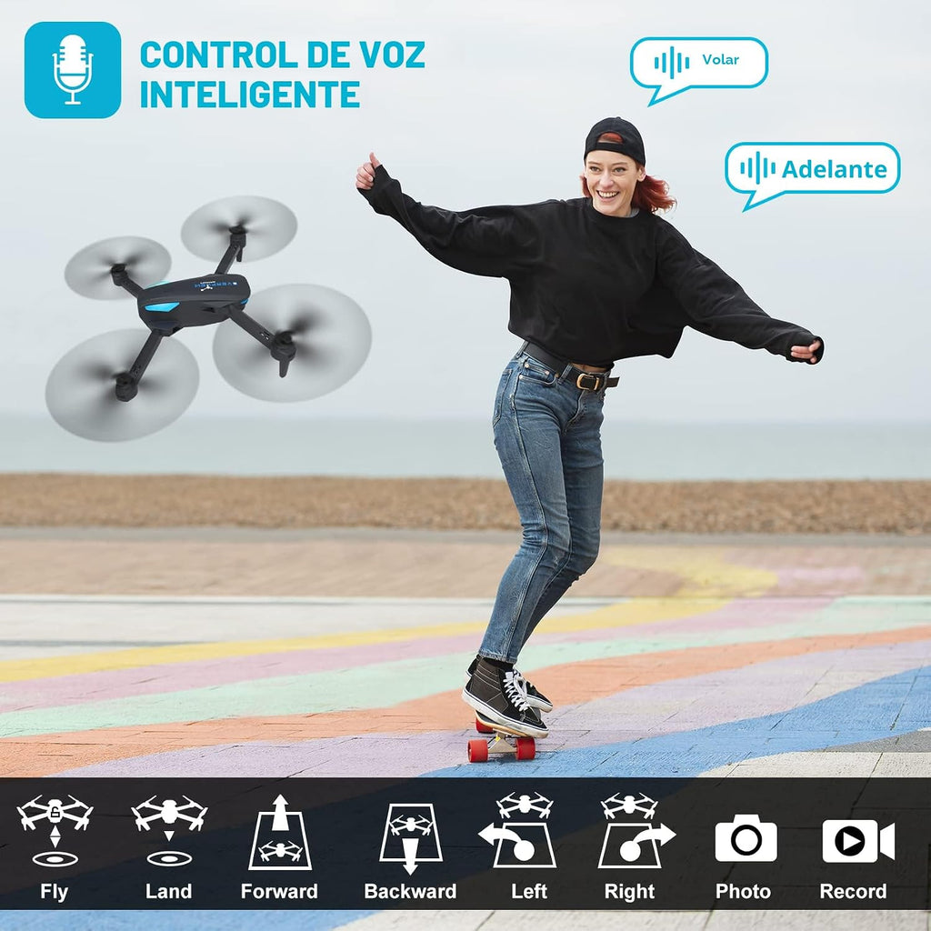 Dron con cámara de 1080P para principiantes y adultos, cuadricóptero plegable con control remoto y control de voz, opción de gestos para tomar selfies, control de altitud, inicio con una tecla