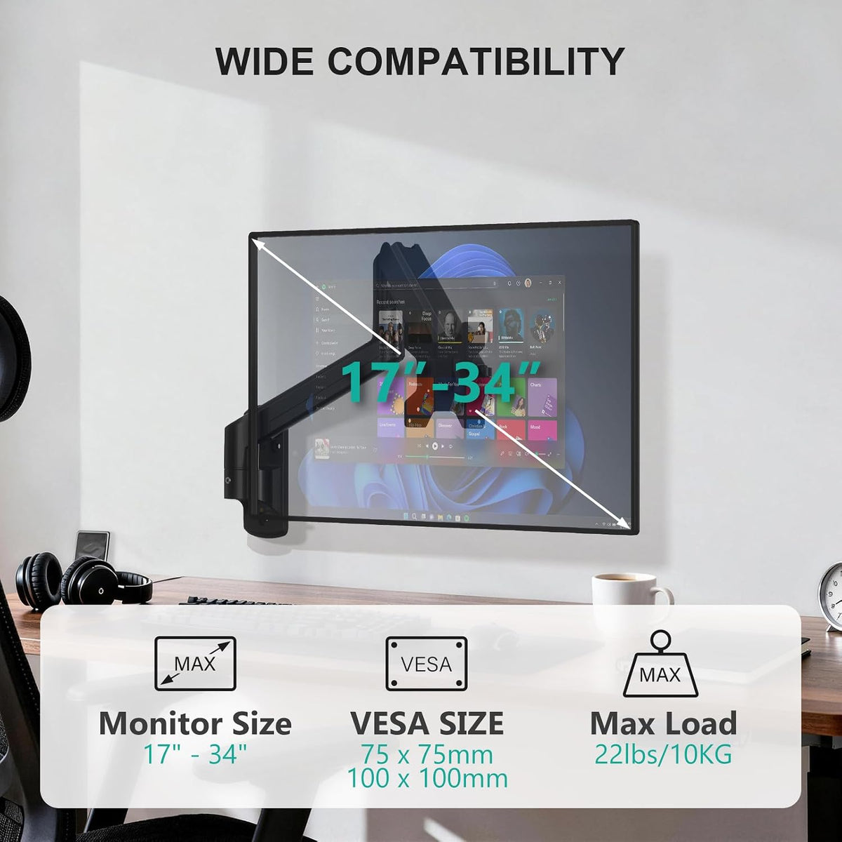 WALI Single Monitor Wall Mount para 17-34 inch Computer Screens，hasta 22 lbs