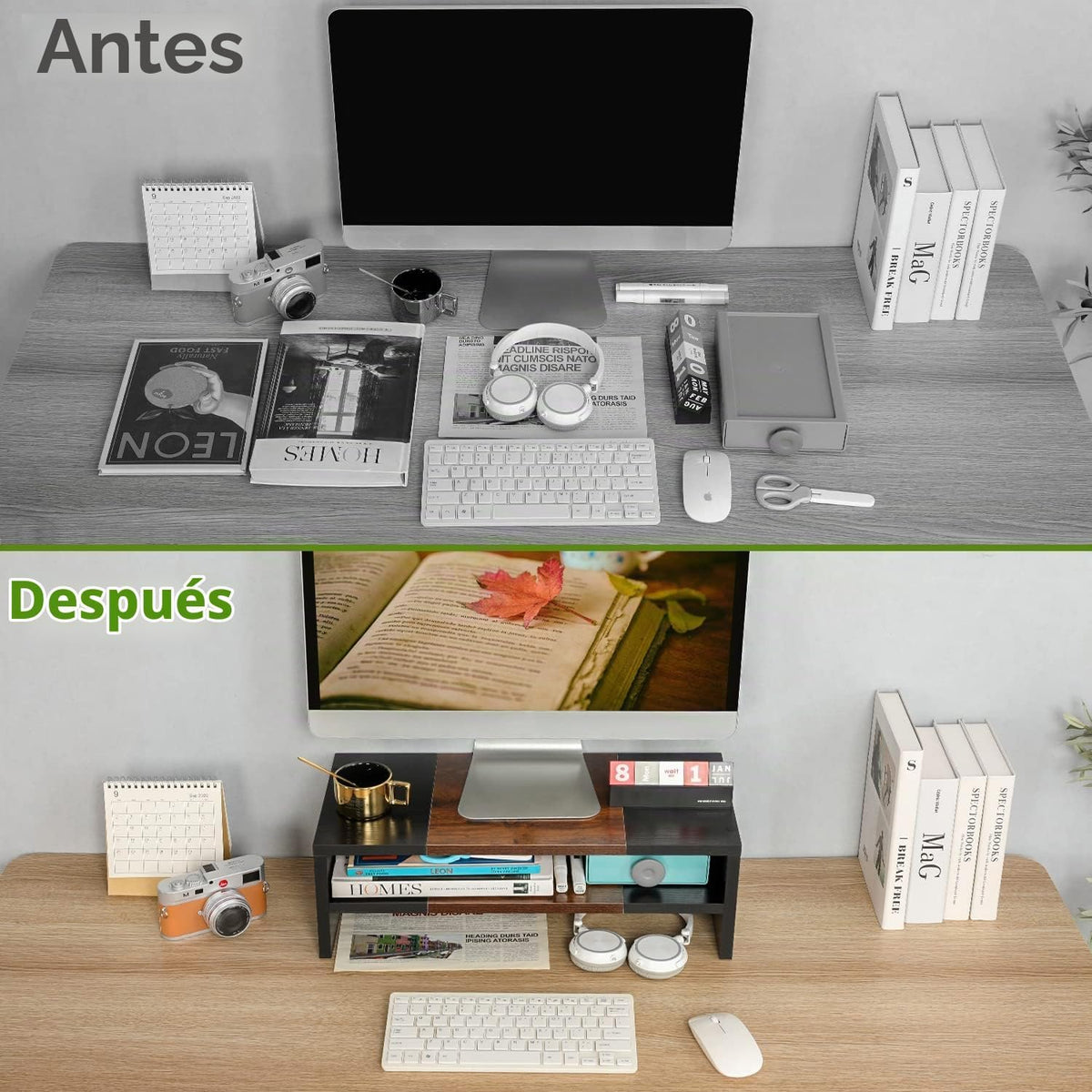 TEAMIX Base elevadora para monitor de 20 pulgadas - 2 niveles, estantería de madera moderna para escritorio