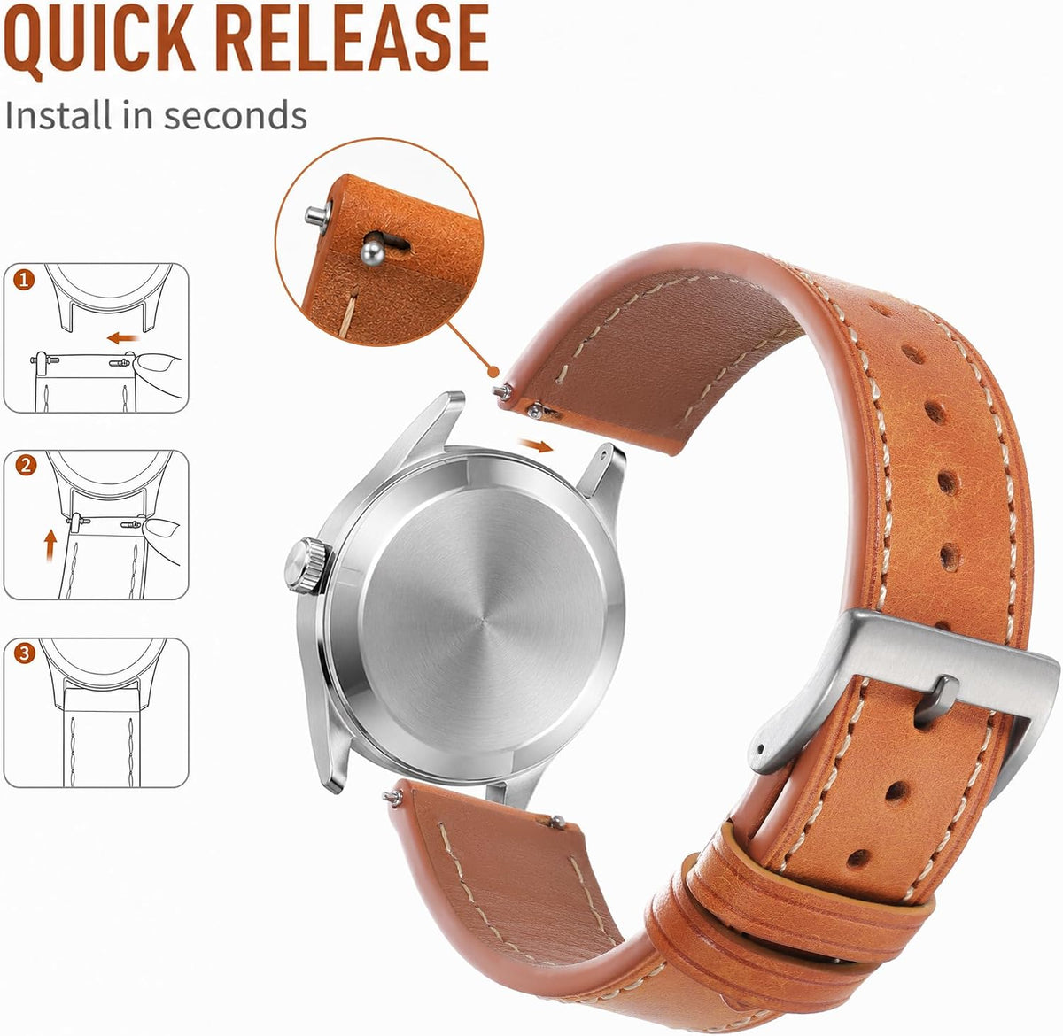 Correa de reloj de cuero para hombres y mujeres, correa de reloj de cuero de liberación rápida con correa de cuero de reloj de hebilla plateada, 0.709 in/0.787 in/0.866 in correa de reloj