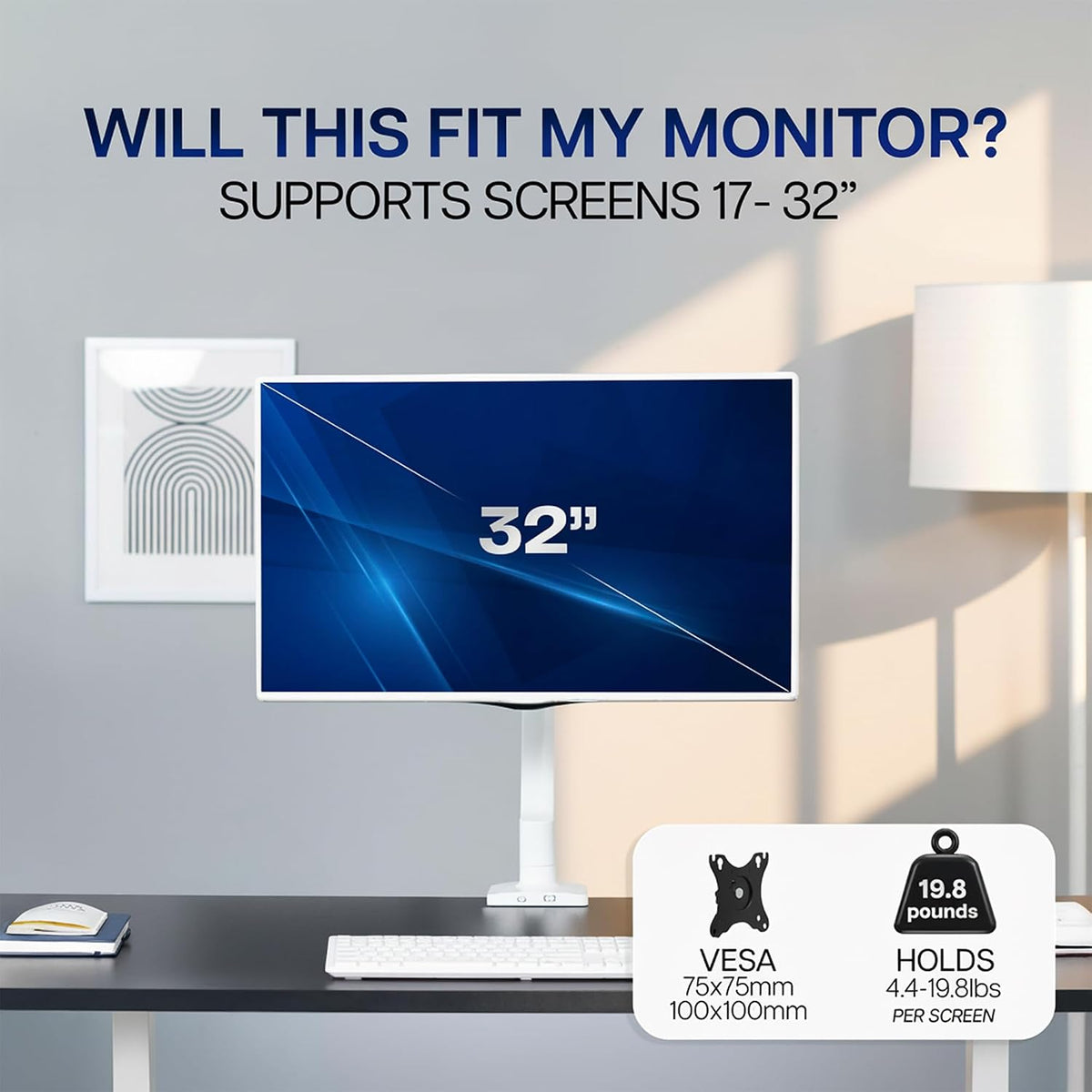 VIVO Soporte para monitor individual, brazo totalmente ajustable para pantalla de 17 a 32 pulgadas, soporte de escritorio articulado mecánico, configuraciones de juegos y oficina, VESA 75x75, 100x100, máximo 19.8 libras, clásico, blanco, STAND-V001OW