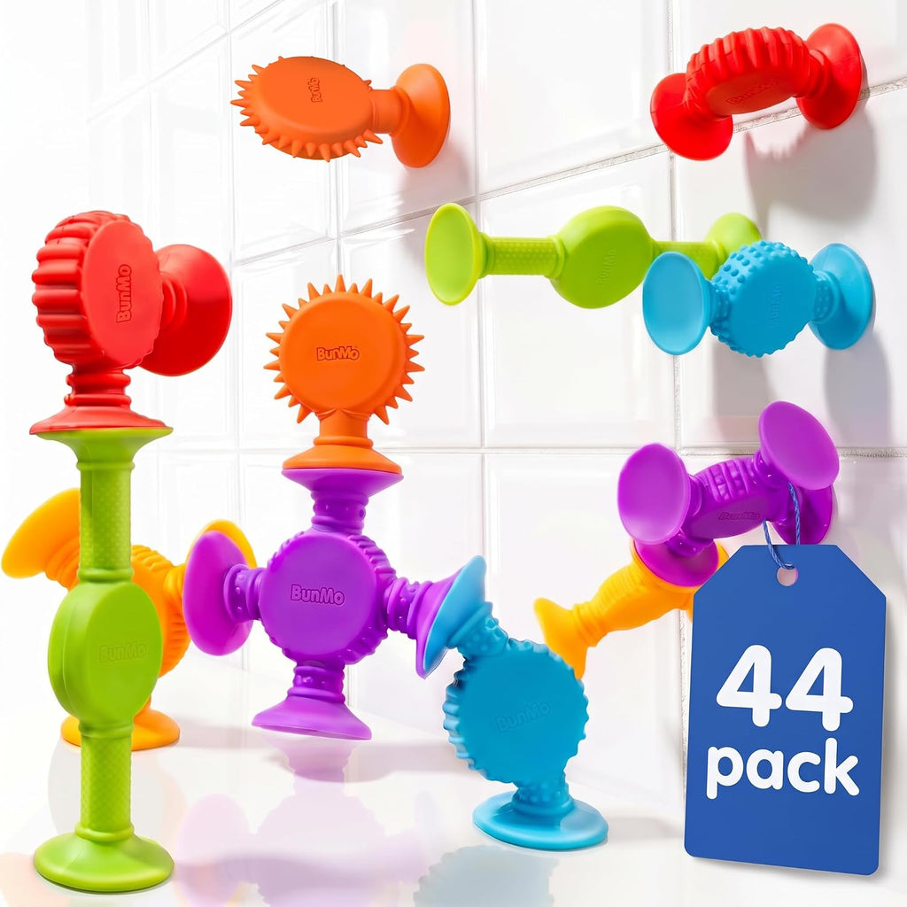 BUNMO Juguetes de baño de succión - Conecta, construye, crea – Juguetes de baño – Horas de diversión y creatividad – Habilidades motoras finas – Juguetes sensoriales estimulantes – Juguete que no se puede bocar 3+ – Paquete de 44 texturizados