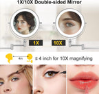 Espejo de maquillaje iluminado de pared de 9 pulgadas, espejo de aumento de doble cara recargable de 4000 mAh 1X/10X con luz, 3 luces de color, regulable al tacto, espejo de maquillaje montado en la pared con brazo extendido de rotación de 360 grados