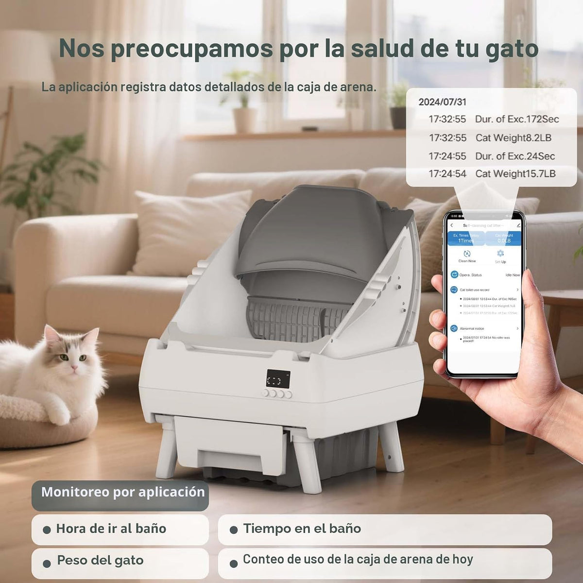 Caja de arena automática para gatos, control de aplicación, diseño abierto, monitor de salud inteligente, adecuado para gatos medianos y gatitos, seguridad antipellizcos, funcionamiento