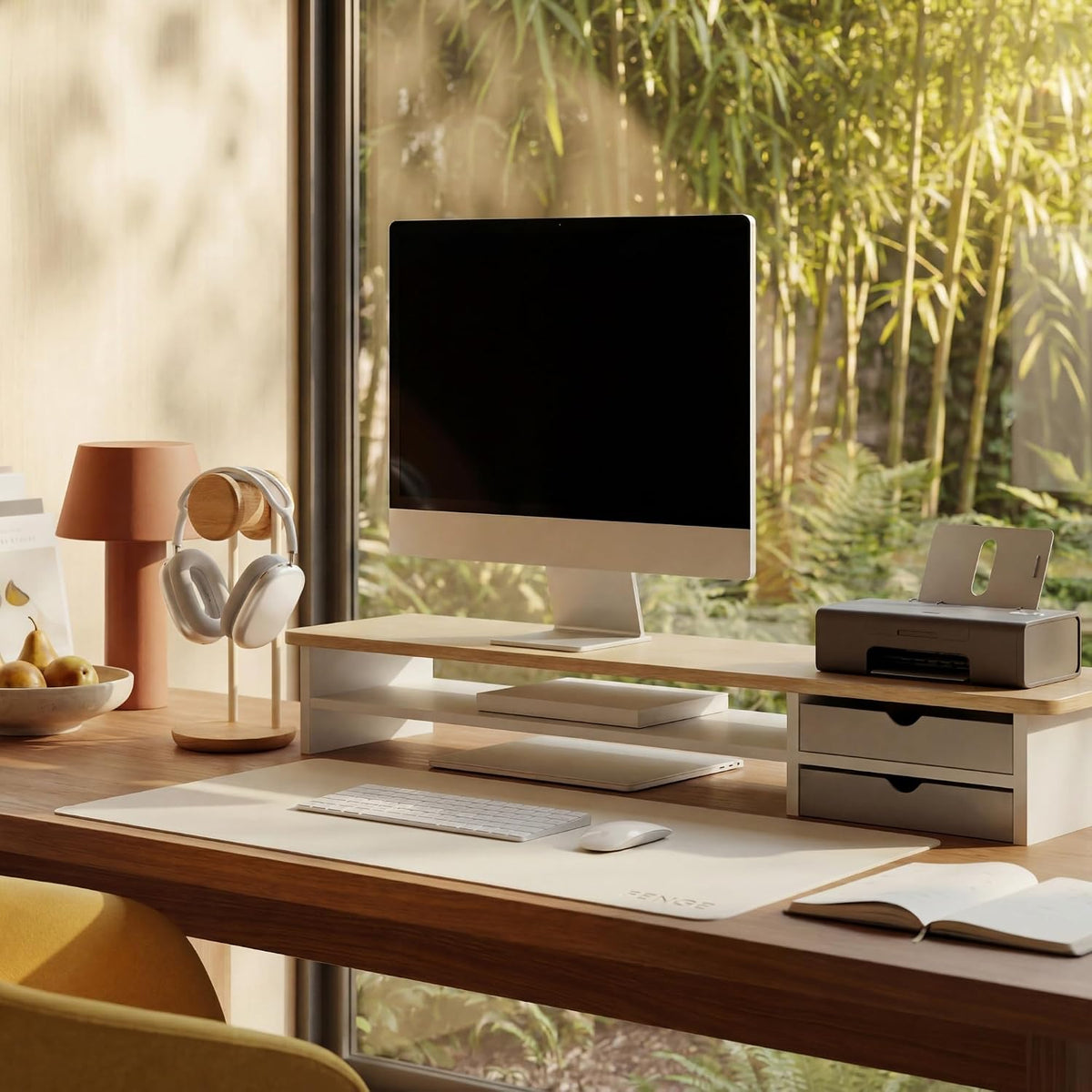 Fenge Soporte para Monitor, Elevador de Monitor Dual, Soporte Elevador para Monitor de Computadora de Escritorio Grande de 42.5 pulgadas con Cajón, Organizador de Escritorio de Madera y Acrílico de 2