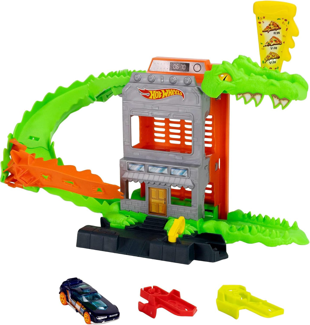 ​Hot Wheels Croc Pizza Attack Playset y auto de juguete a escala 1:64