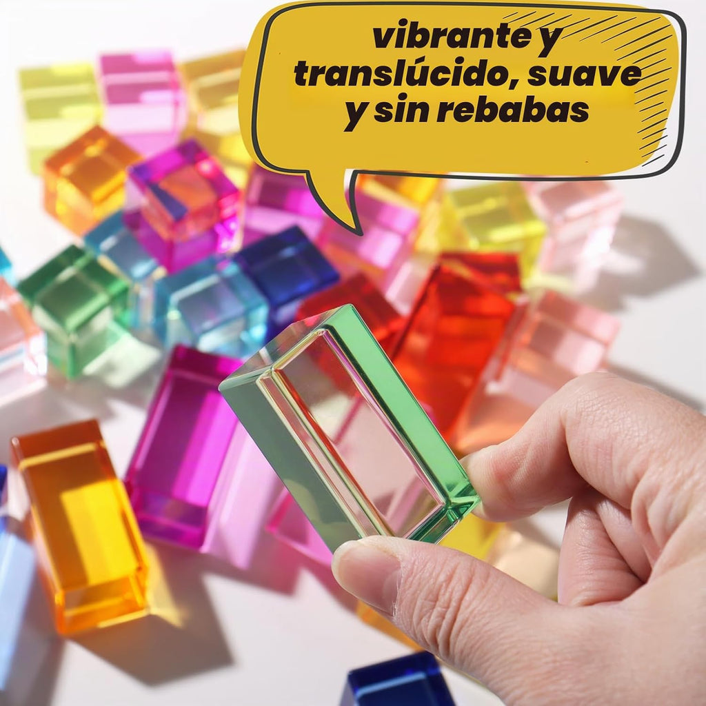 Juego de 30 bloques acrílicos mixtos – 10 largos (1.0 x 1.0 x 2.0 in) + 20 cubos (1.0 x 1.0 x 1.0 in), bloques de gemas arcoíris, juguete apilable sensorial para niños y niñas de 1, 2, 3, 4 años