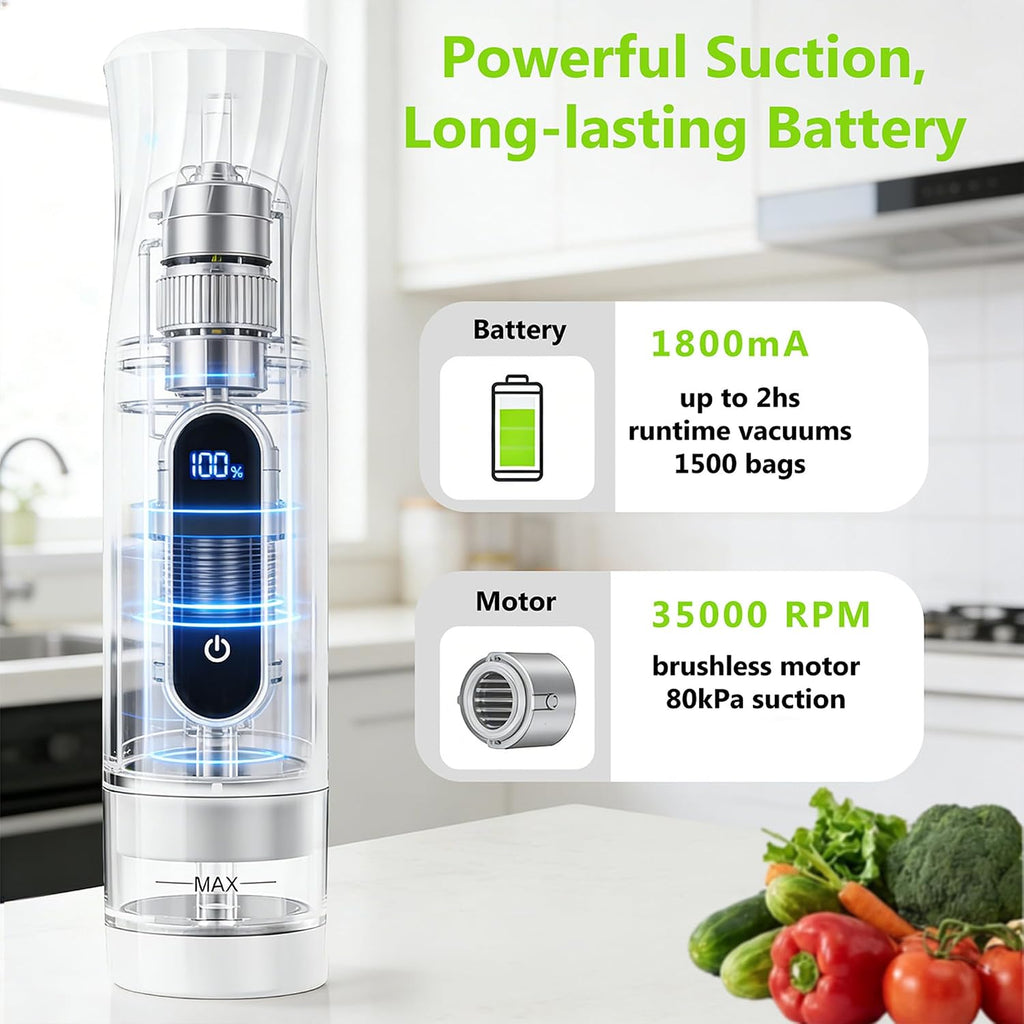 Sellador al vacío compacto para almacenamiento de alimentos: sellador portátil de alimentos de mano, succión de 80 kPa, batería de 1800 mAh, 30 bolsas de vacío reutilizables, conserva la frescura 5 veces con fácil operación