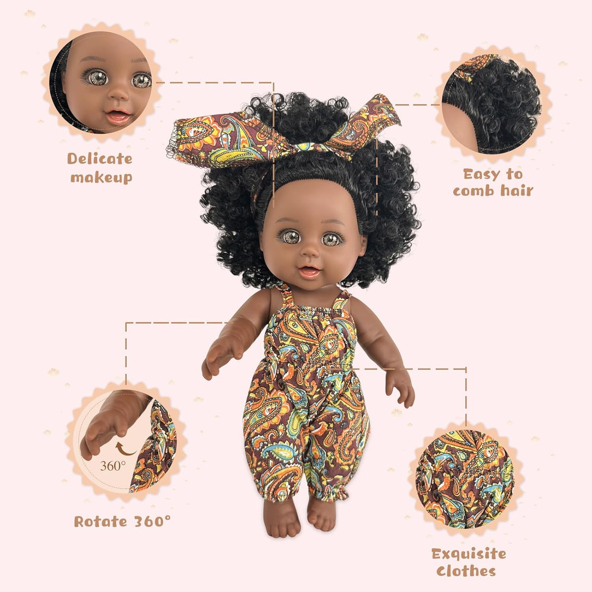 Nice2you Muñeca bebé negra con mochila portadora, muñeca de niña, 10 pulgadas