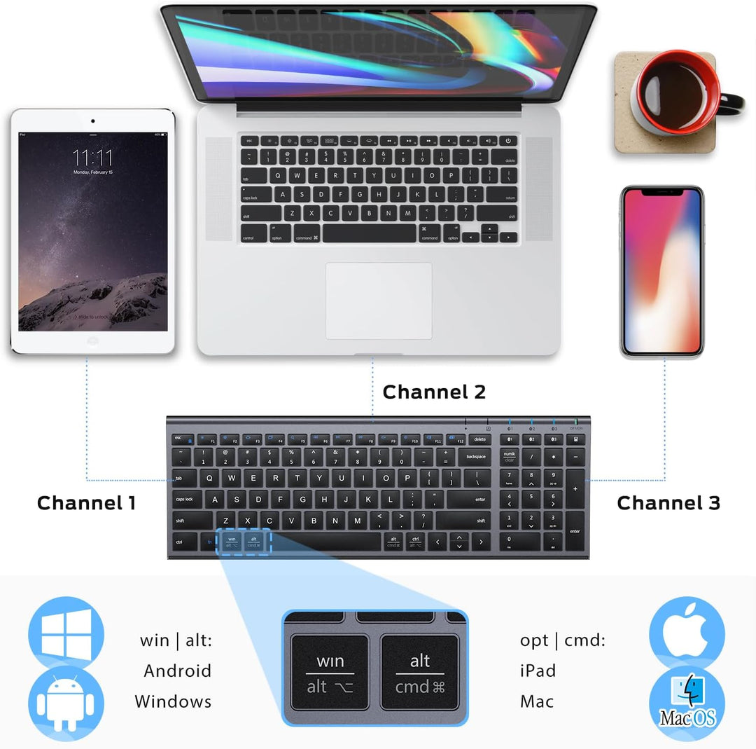 iClever - Teclado Bluetooth recargable para varios dispositivos, bl...