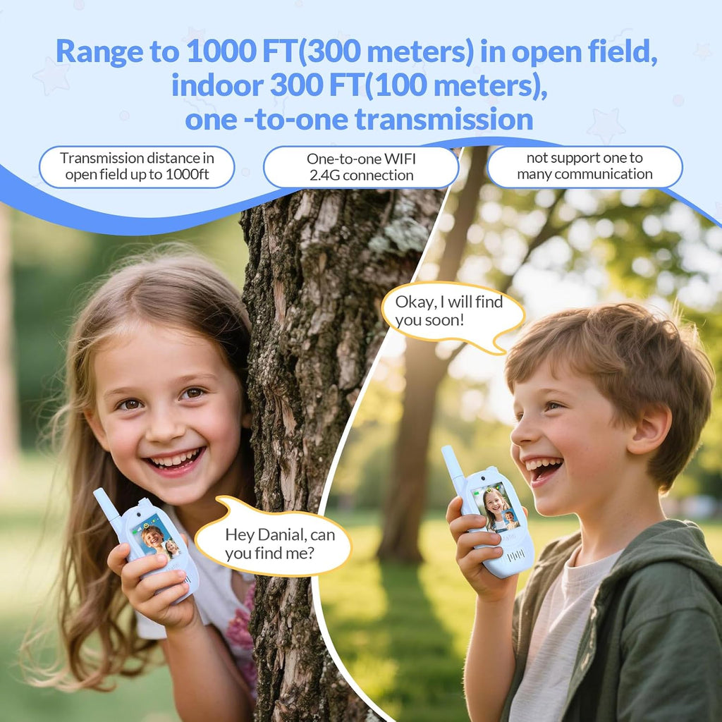 Mafiti Walkie Talkies de video para niños, paquete de 2 juguetes recargables de alcance de 1000 pies para niños de 3, 4, 5, 6, 7, 8 años, regalos de cumpleaños (azul + azul)