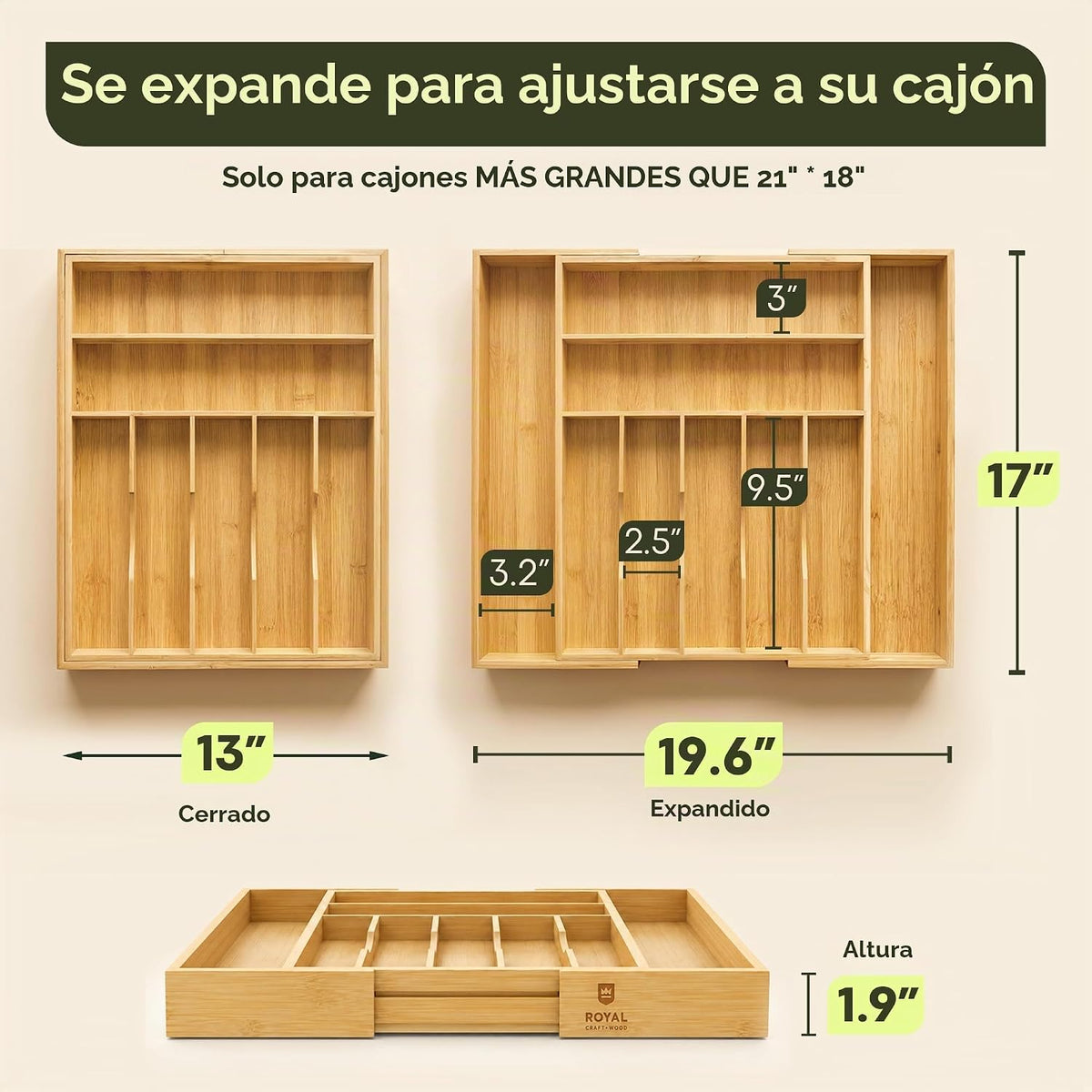 Organizador de cajones de cocina de bambú, soporte para utensilios de cocina y bandeja de cubiertos con separadores ranurados (9 ranuras, natural)
