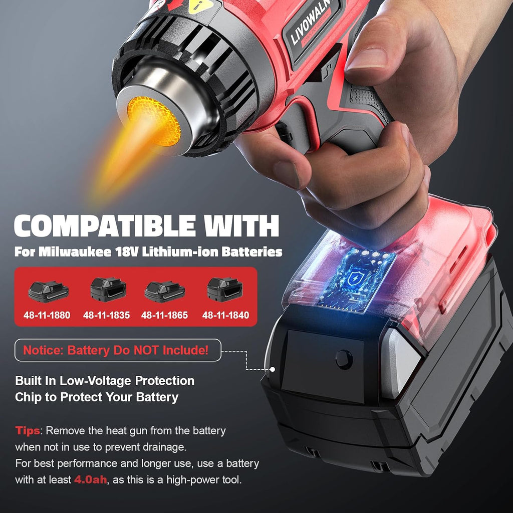 Pistola de calor compatible con batería Milwaukee de 18 V (solo herramienta