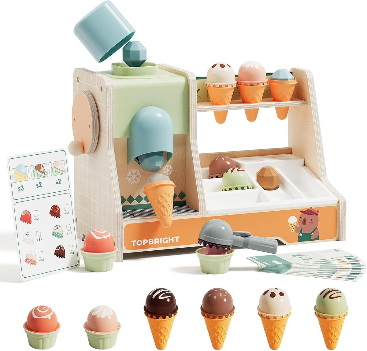 TOP BRIGHT Juguetes de Madera para Juego de Simulación de Helados, Set de Cocina para Niños con Mostrador de Helados, Cuchara y Menú, Juguetes Montessori para Niños y Niñas Regalo Capybara Edad 3+