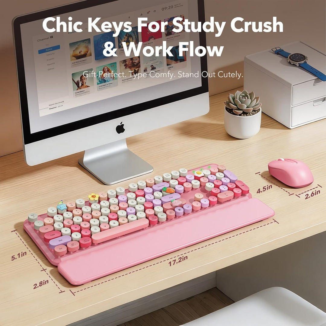 Combo de teclado y mouse inalámbricos, bonito teclado retro con tec...