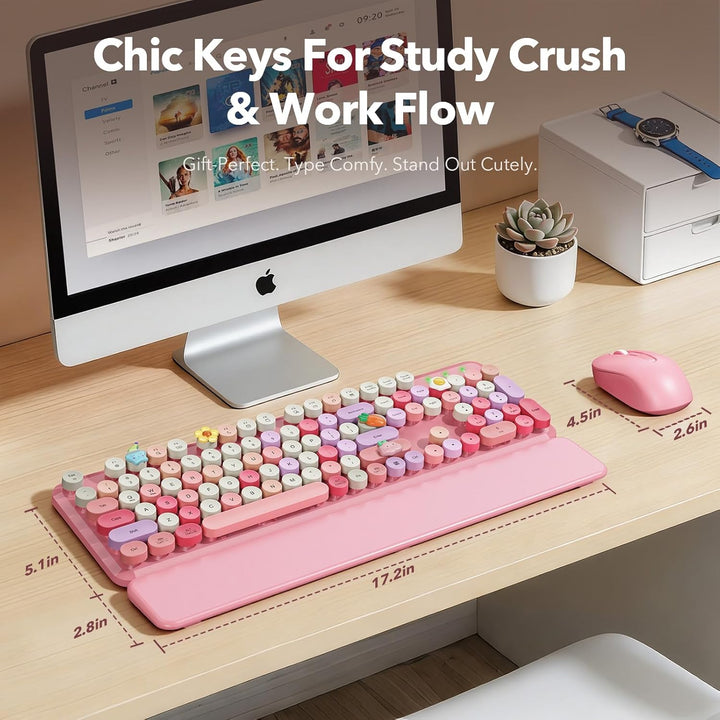 Combo de teclado y mouse inalámbricos, bonito teclado retro con tec...