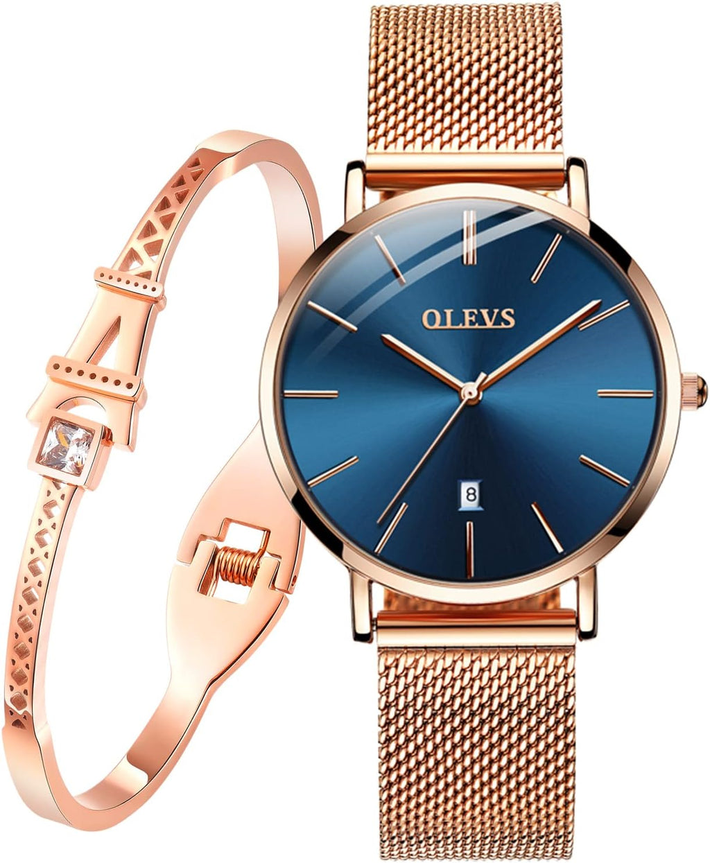OLEVS Relojes para Mujeres y Juego de Pulseras Slim Casual Vestir Reloj de Muñeca para Dama Rosado Oro