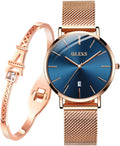 OLEVS Relojes para Mujeres y Juego de Pulseras Slim Casual Vestir Reloj de Muñeca para Dama Rosado Oro