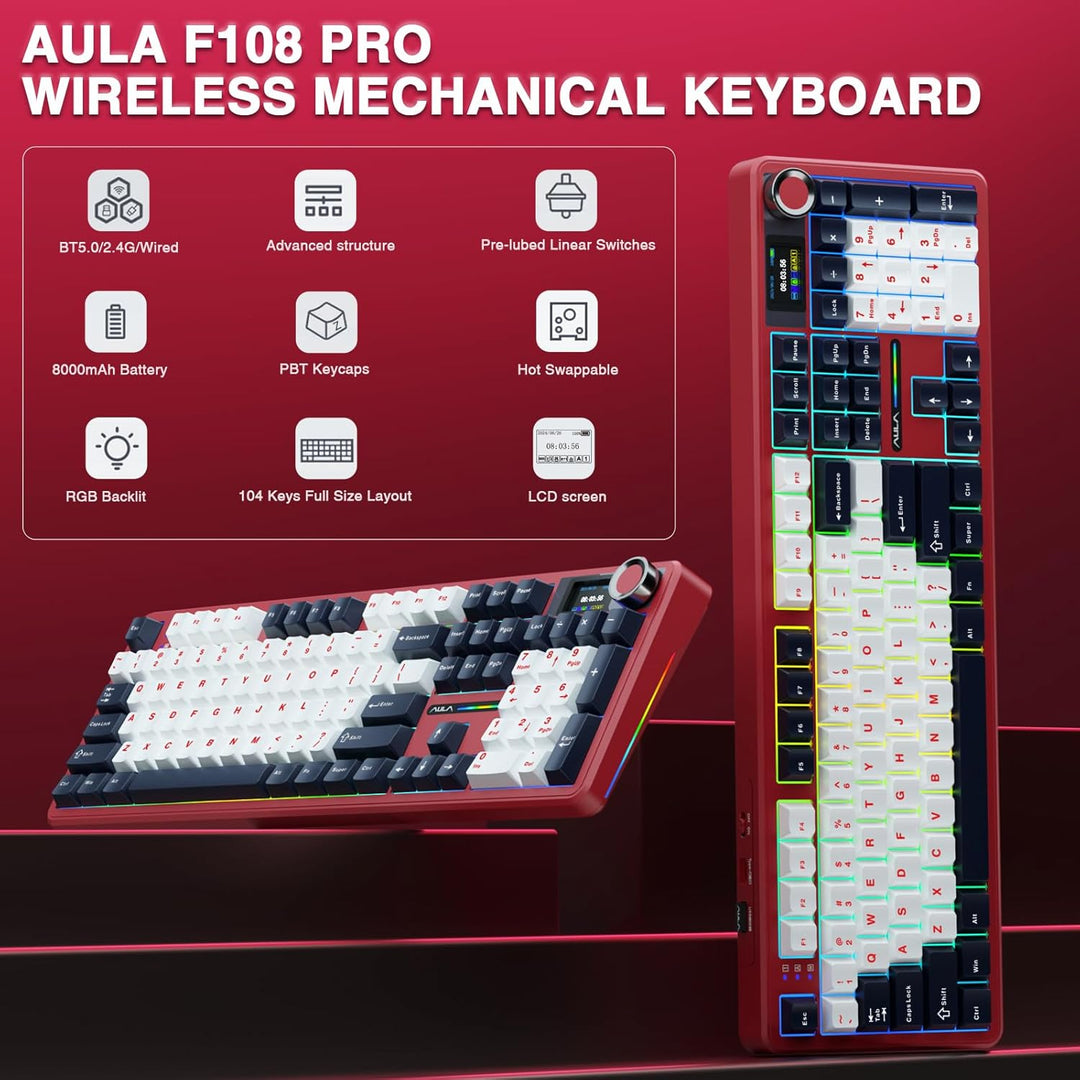 AULA F108 PRO - Teclado mecánico inalámbrico con pantalla y perilla...
