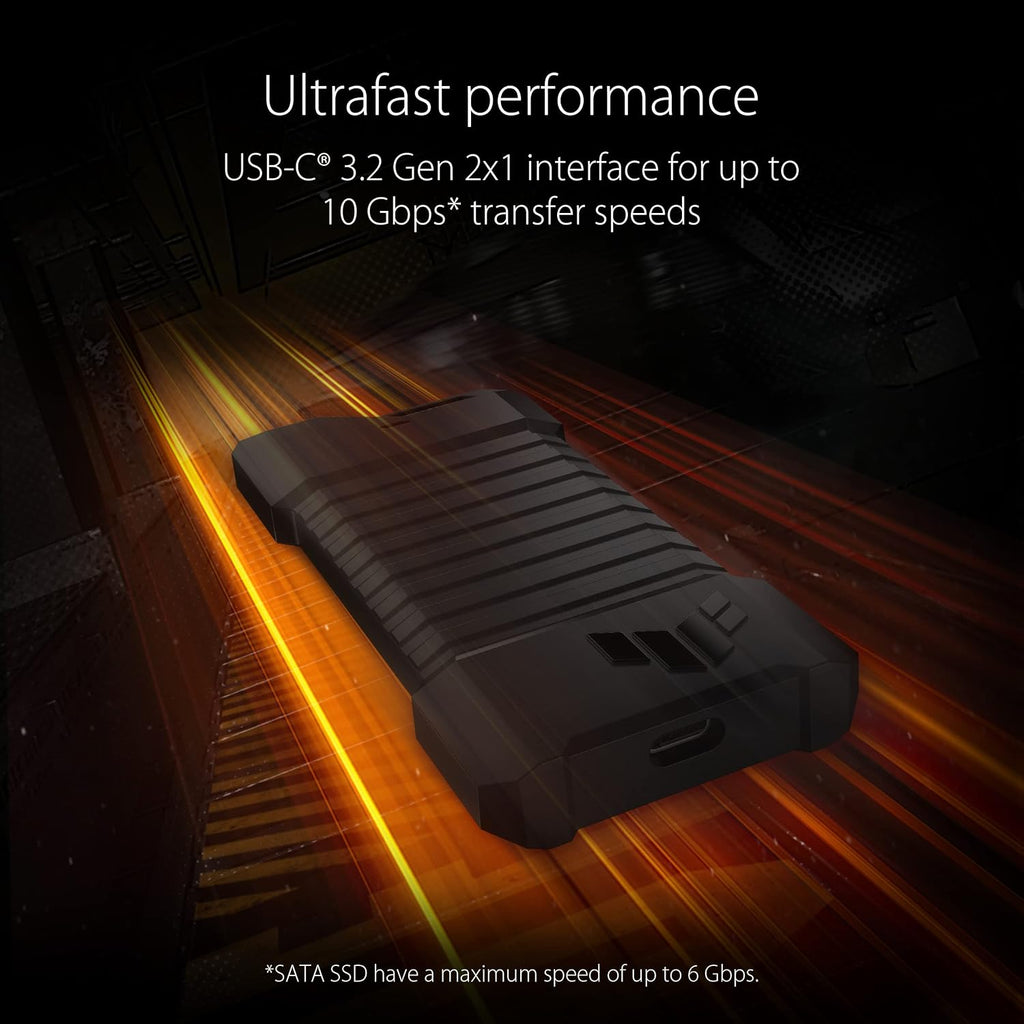 ASUS TUF Gaming A1 - Carcasa externa M.2 NVMe SATA PCIe SSD - USB-C, M.2 Q-Latch para una fácil instalación, resistencia a las caídas, resistencia al agua y al polvo IP68, soporte para PS5 y Xbox, color negro