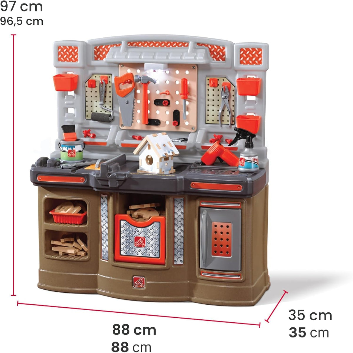 Step2 Big Builders Pro Workshop para niños, banco de herramientas para interiores y exteriores, juego interactivo con sonidos, incluye kit de accesorios de juguete de 45 piezas, hecho de plástico duradero, para niños pequeños de 3 años en adelante