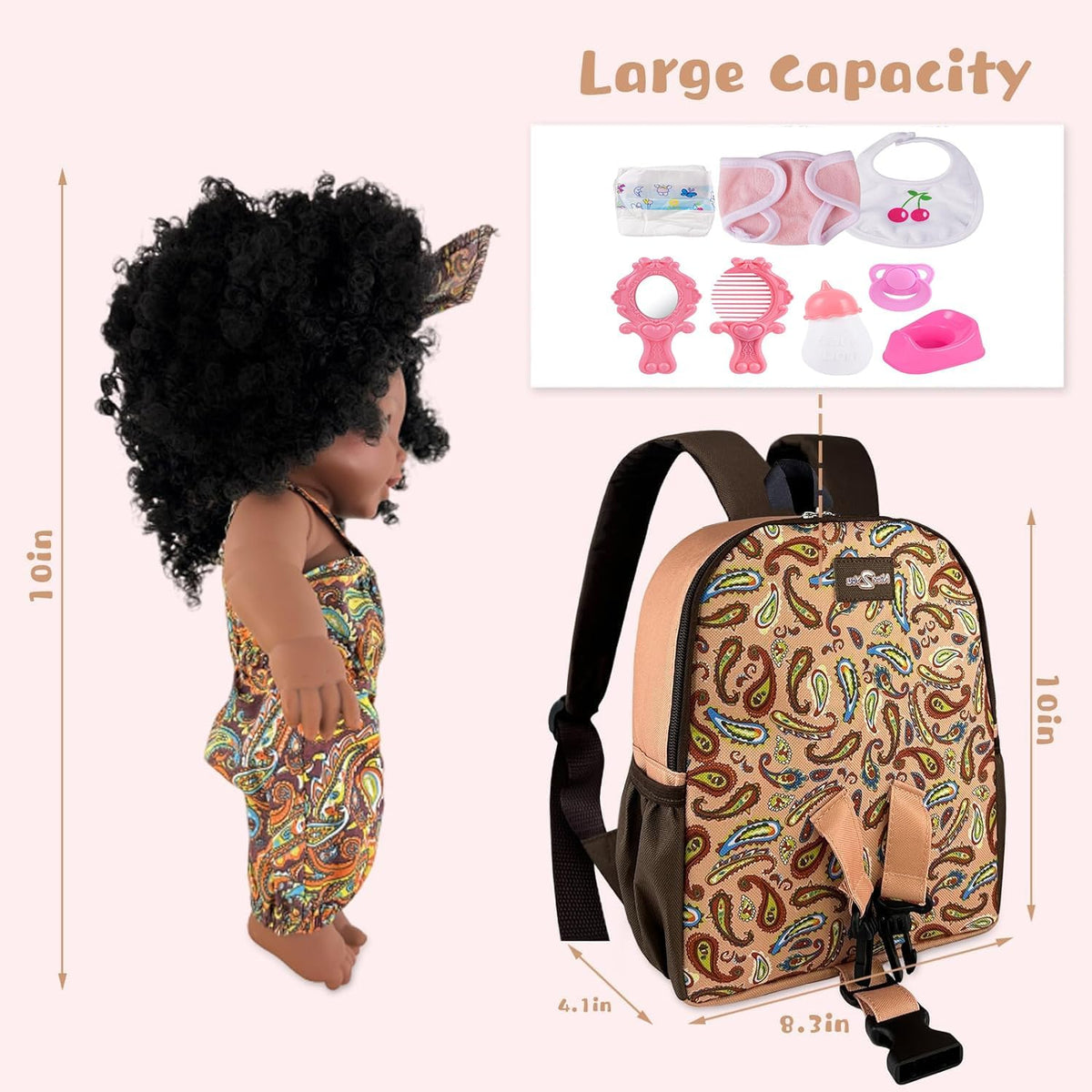 Nice2you Muñeca bebé negra con mochila portadora, muñeca de niña, 10 pulgadas