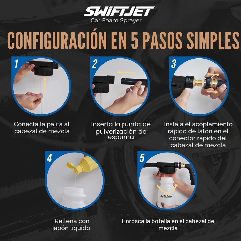 SwiftJet Pistola de espuma para lavado de autos + guante de microfibra – Funciona con cualquier jabón – Pulverizador de espuma para manguera de jardín – Kit de lavado de coche de cañón de espuma – Accesorios de coche Pistola de espuma negra con manopla