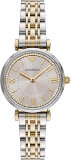 Emporio Armani Reloj de acero inoxidable bicolor de dos manos para mujer (Modelo: AR11702)
