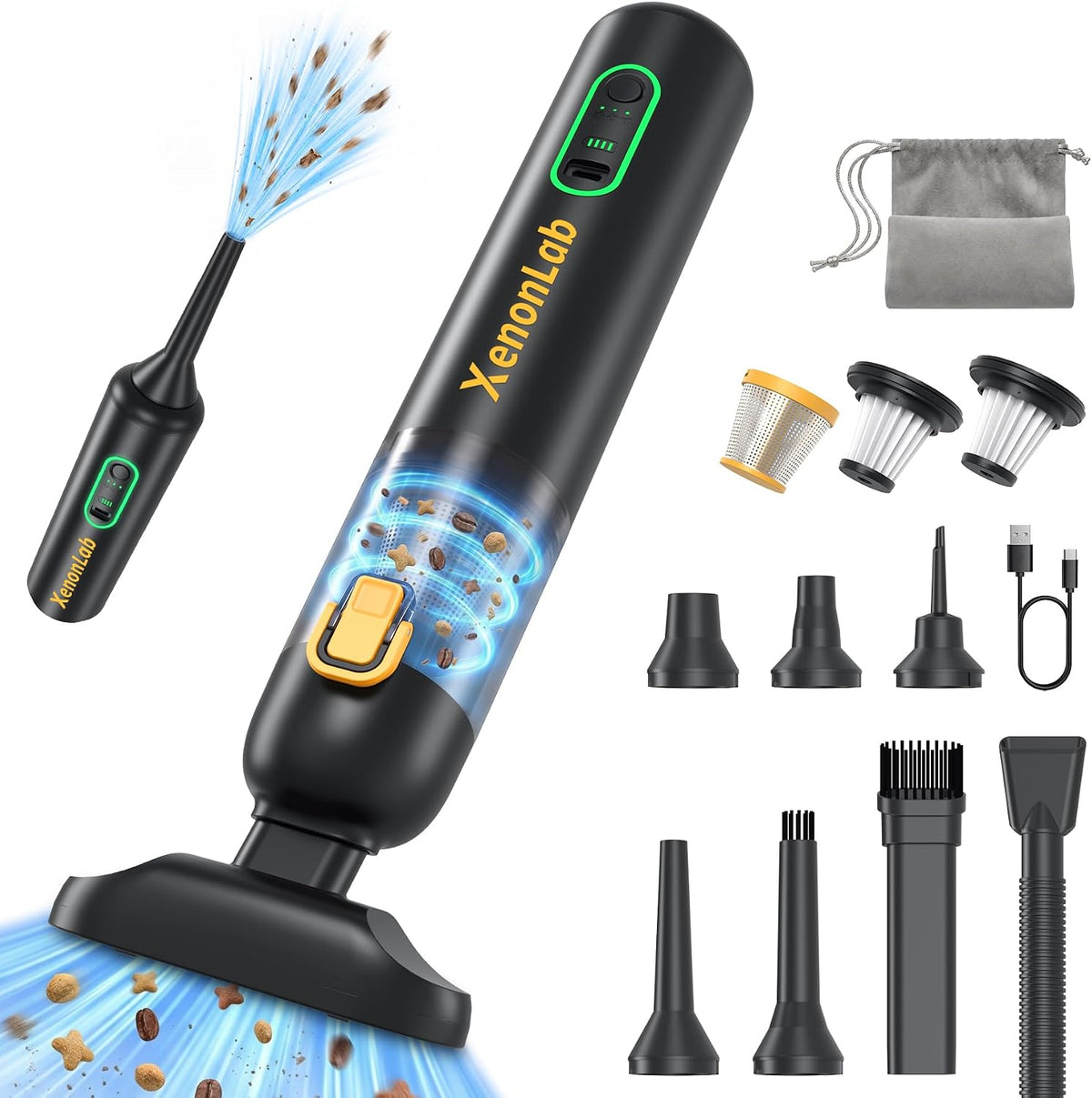 Aspiradora de automóvil, 25000 Pa 4 en 1, aspiradora de mano inalámbrica y plumero de aire, hasta 60 minutos de funcionamiento, mini aspiradora recargable ultra silenciosa con vaciado de un