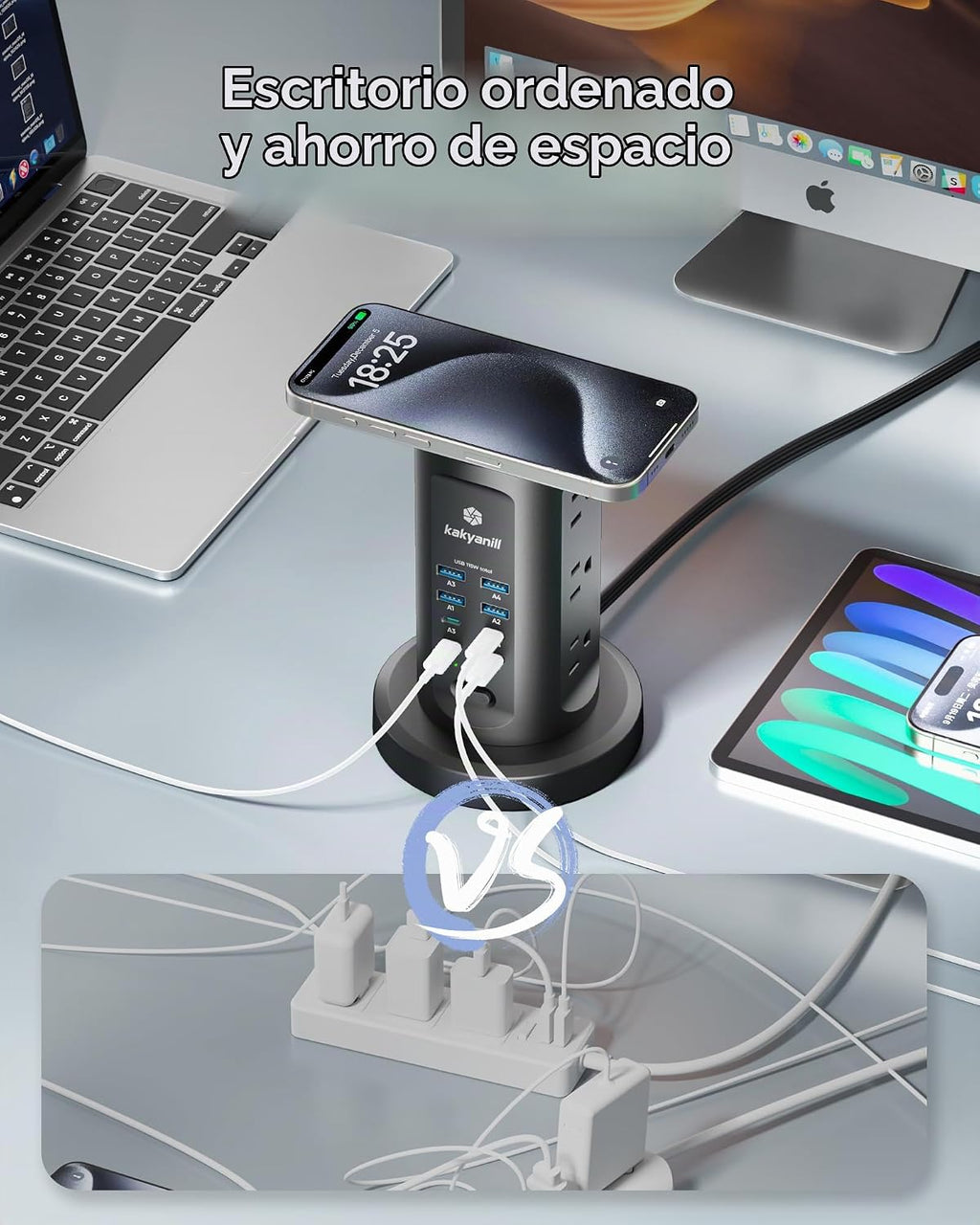 Estación de Carga USB de 115W, Torre de regleta con 9 tomas AC y 8 USB