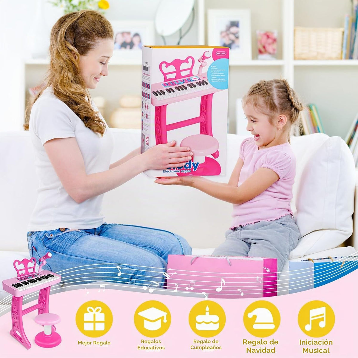 Amy&Benton - Regalo de cumpleaños para niñas de 3, 4, 5, 6, 7 años, piano de juguete con soporte para niñas de 3 a 5 años, juguete de teclado musical rosa, 37 teclas con silla