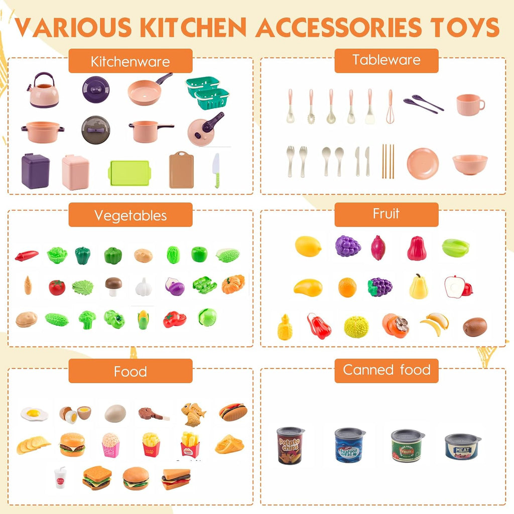 Mini accesorios de cocina de 200 piezas para niños a partir de 3 años, juego de cocina de simulación con utensilios de cocina, vajilla y 2 juegos de frutas, regalo de aprendizaje para niñas y niños, rosa