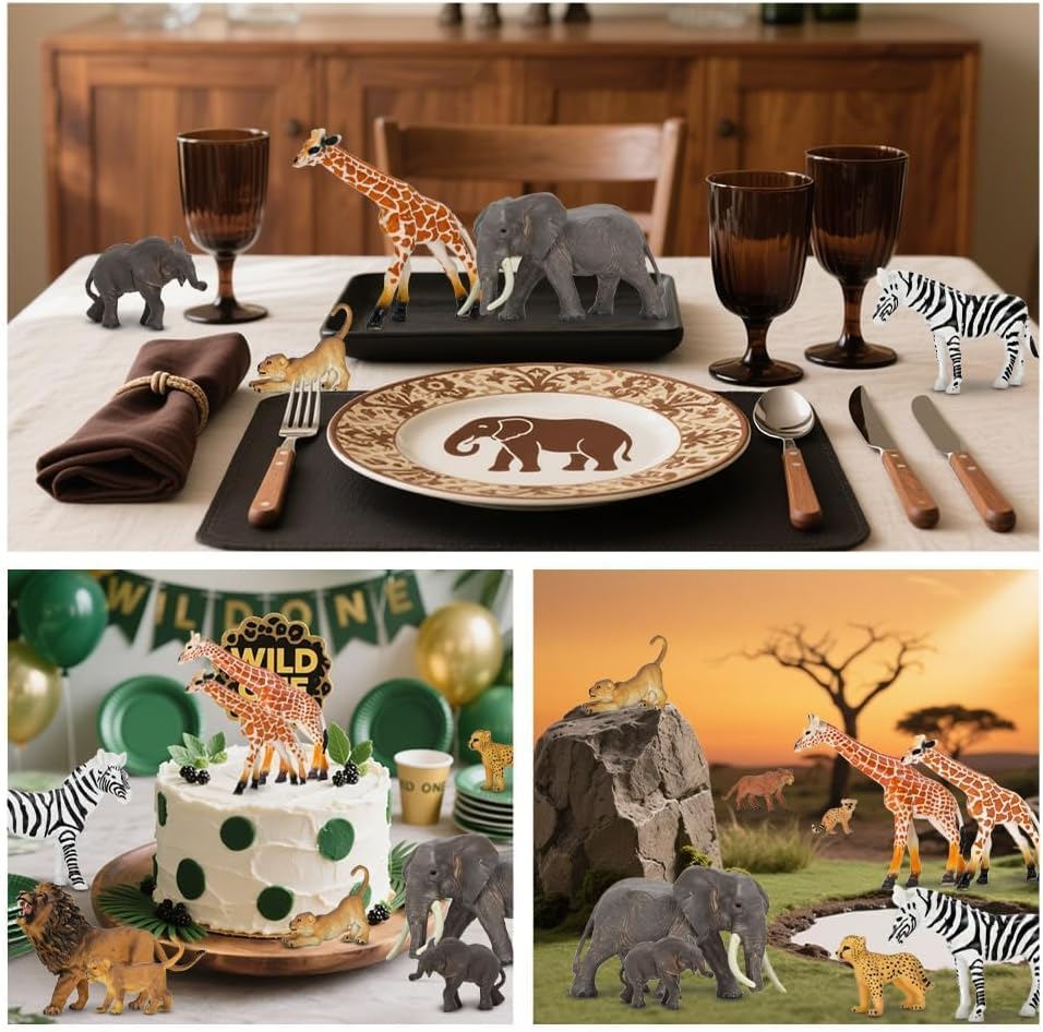 Juguetes de figuras de animales de zoológico de safari, 14 piezas realistas de animales de la selva, animales africanos de plástico salvajes con león, juego educativo de elefante para niños pequeños