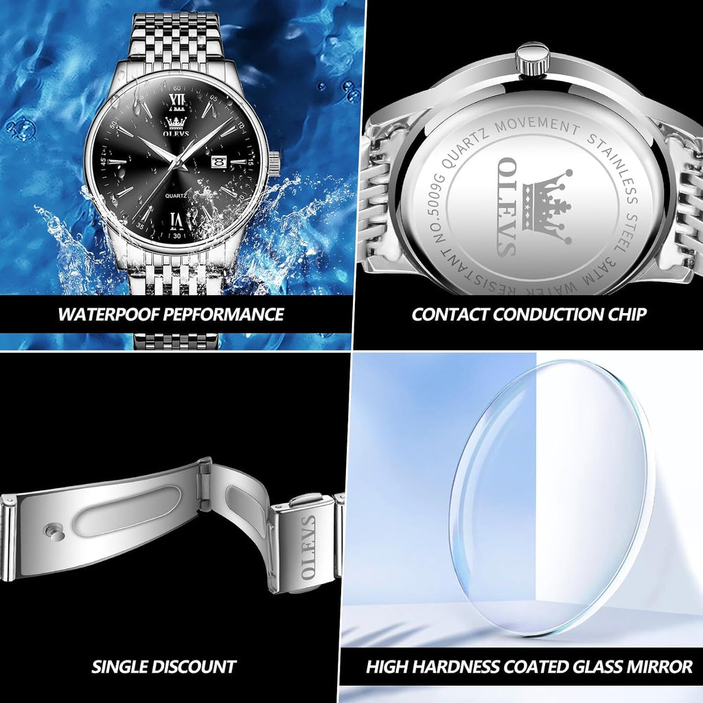 OLEVS Relojes para hombre de lujo de acero inoxidable 30M impermeable