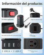 SMALLRT - Cable de extensión de 10 pies con 12 tomas de corriente alterna múltiples, 4 USB (1 USB C), estación de carga de escritorio SMALLRT para hogar, oficina, universidad, dormitorio esencial