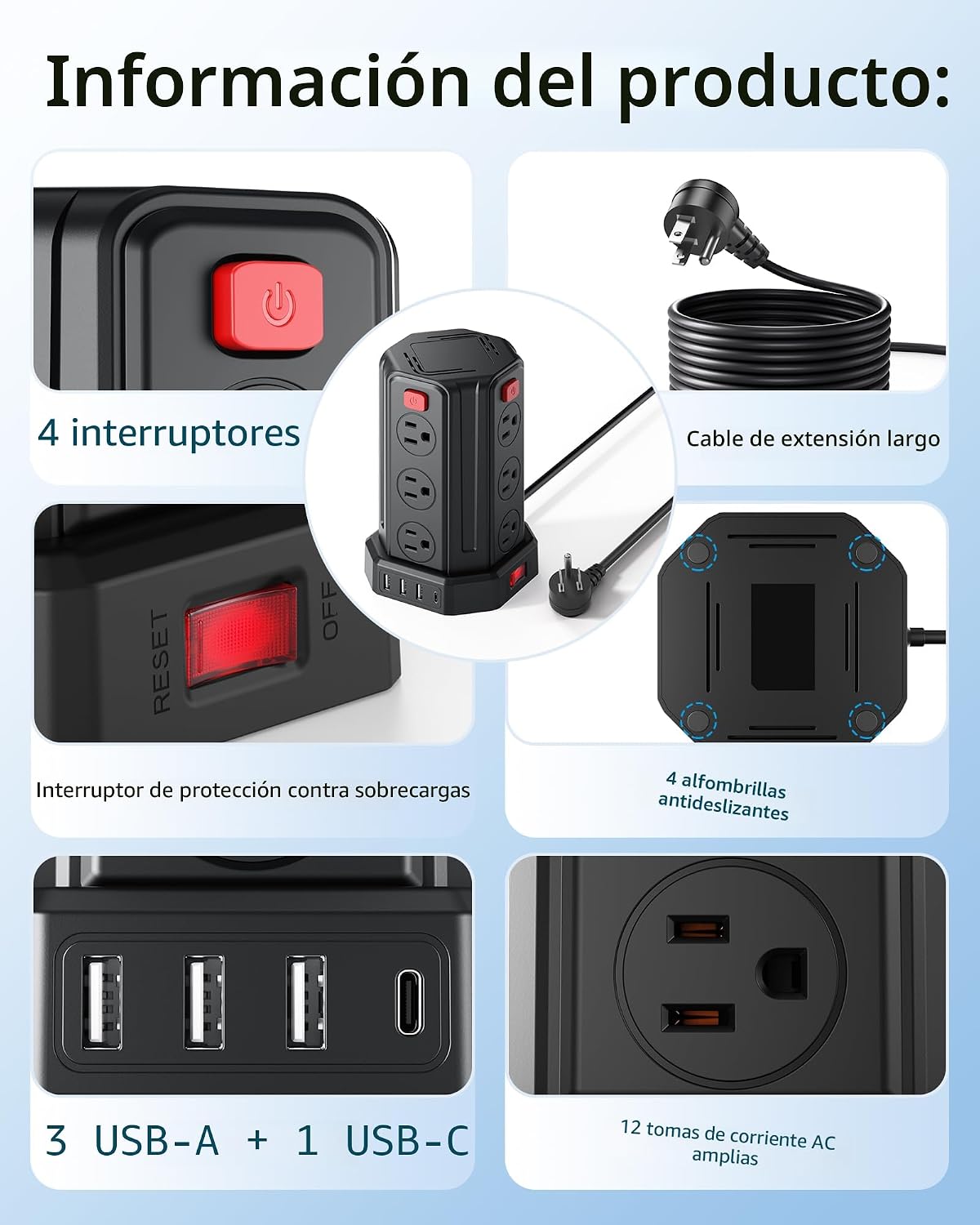 SMALLRT - Cable de extensión de 10 pies con 12 tomas de corriente alterna múltiples, 4 USB (1 USB C), estación de carga de escritorio SMALLRT para hogar, oficina, universidad, dormitorio esencial