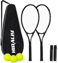 HIRALIY Juego de raquetas de tenis de 27 pulgadas para adultos, raquetas de tenis preencordadas para 2 jugadores, 2 cintas de sobreagarre, 3 pelotas y 1 bolsa de transporte, deporte recreativo al aire