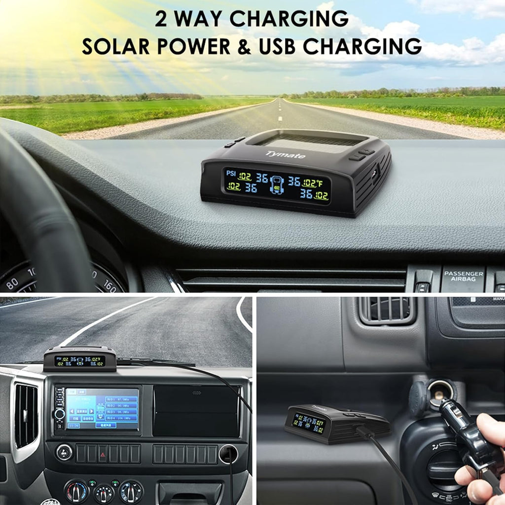 Tymate Sistema de monitoreo de presión de neumáticos TM2 RV, monitor de presión de neumáticos con carga solar, TPMS con 4 sensores (máximo 10) y 6 modos de alarma, nueva actualización con pantalla LCD