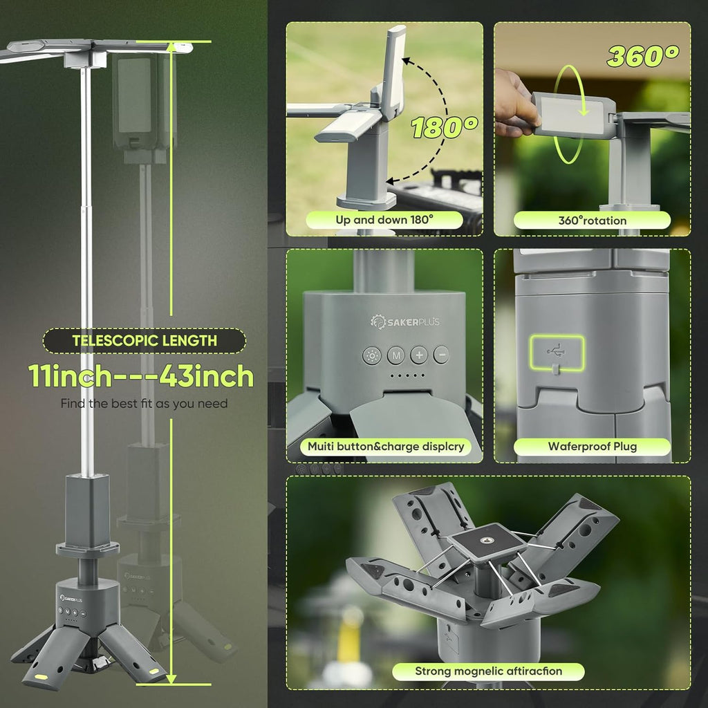 Lámpara SakerPlus Luz portátil para campamento, linterna telescópica de campamento de 14000 mAh con fuente de alimentación recargable, lámparas magnéticas regulables para tienda de campaña de 6000 lúmenes