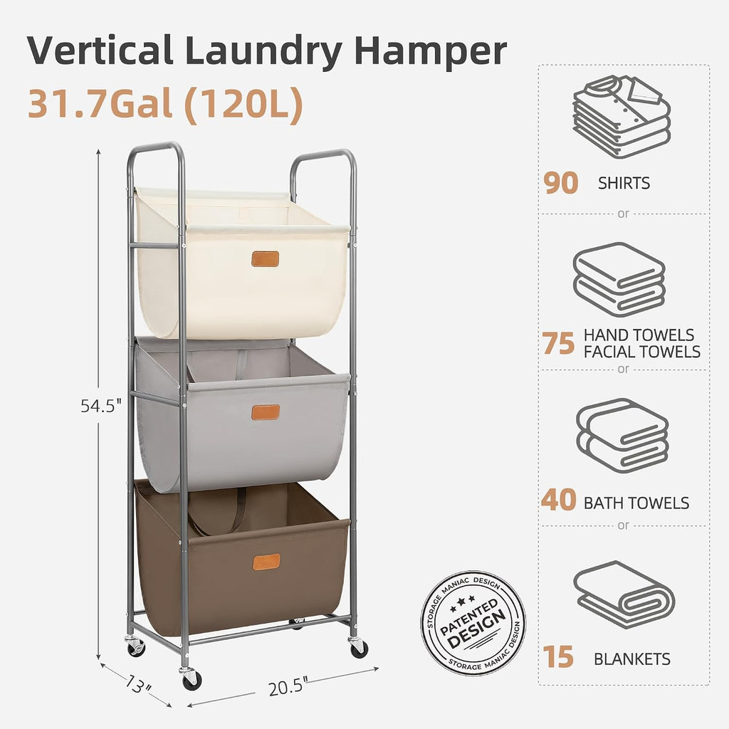 STORAGE MANIAC Cesta de lavandería rodante vertical de 120 litros, clasificador de ropa sucia de 3 secciones con ruedas y 2 frenos, cestas de lavandería de 3 niveles para espacio pequeño, dormitorio
