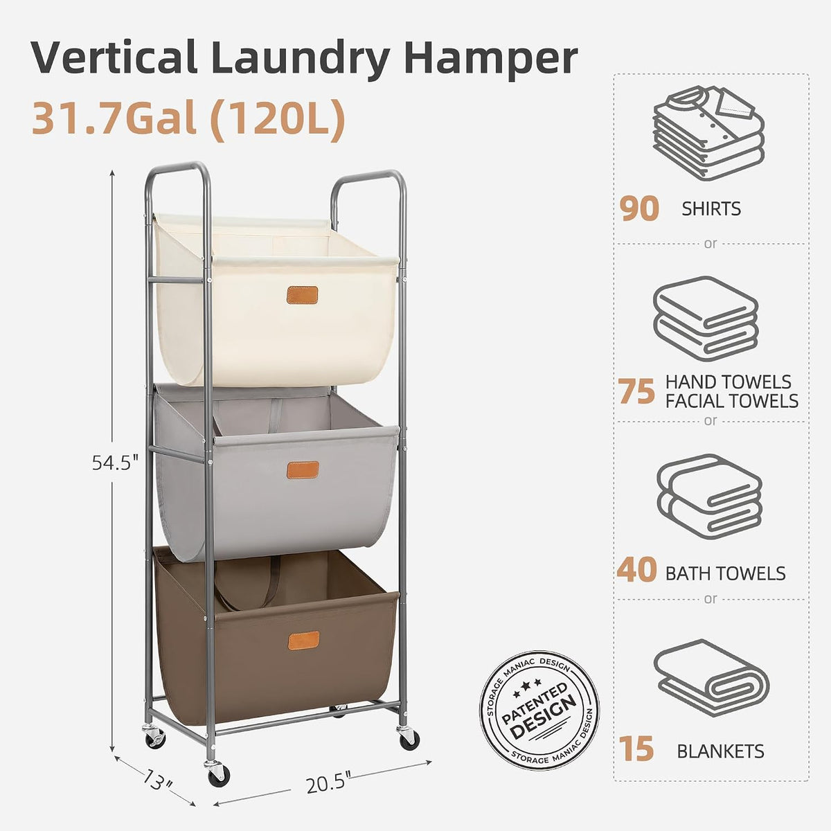 STORAGE MANIAC Cesta de lavandería rodante vertical de 120 litros, clasificador de ropa sucia de 3 secciones con ruedas y 2 frenos, cestas de lavandería de 3 niveles para espacio pequeño, dormitorio